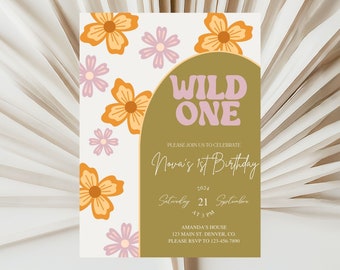 Invitación de primer cumpleaños de Wild One, plantilla editable de flores silvestres