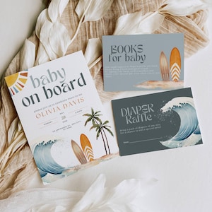 May include: Baby shower invitations with a beach theme. The main invitation reads "baby on board" with details. Other cards include "Books for baby" and "Diaper Raffle" with watercolor illustrations of surfboards and waves.