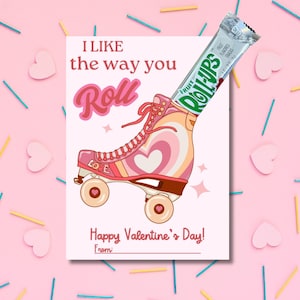 Plantilla de Canva para tarjeta de San Valentín con patines en línea, imprimible, enrollable, para el aula, para niños, regalo de fiesta de San Valentín con rollo de frutas