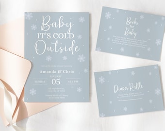 Inbjudan till babyshower för bebis, det är kallt ute, babyshower-set för vinterland, modern blå babyshower för pojkar, julbabyshower