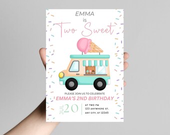 Zoete verjaardagsuitnodiging twee, 2e verjaardagsuitnodiging ijs, pastel dessertuitnodiging, bewerkbare sjabloon, canvas