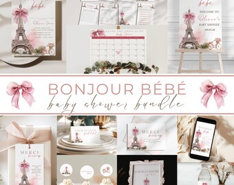 Bonjour Bebe Shower Bundle, Bonjour Bebe Baby Shower Bundle, Eiffel Tower, Parisian Cafe, Paris Baby Shower, Boho, Pink Bow, Coquette Baby