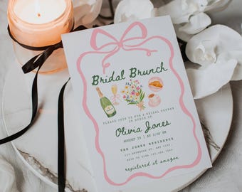 Puede incluir: Una tarjeta de invitación rectangular blanca con un borde de lazo rosa dibujado a mano. El texto dice Bridal Brunch, Olivia Jones, August 25 at 2:00 PM, The Jones Residence, 123 Anywhere St, Any City, RSVP to Gina 123.456.7890, registered at amazon.