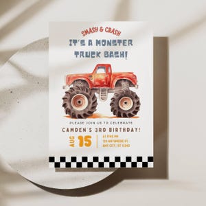 Bearbeitbare Monster Truck Geburtstagseinladung, Monster Jam Geburtstag, Jungen Geburtstag einladen, Monster Truck Party, Smash und Crash, LKW Party