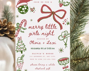 Christmas Girls Night In Invite, Hand Drawn Christmas Invitation, Christmas Bow Party Invite, Editable Christmas Coquette Invitation