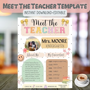 May include: Meet the Teacher template with a pink and yellow color scheme. The template features a photo of a teacher with a dog, a section for "About Me" and a section for "My Favorites!" with information about the teacher's hobbies, favorite color, drink, store, food, and snack. The template also includes contact information, a website address, and school hours.