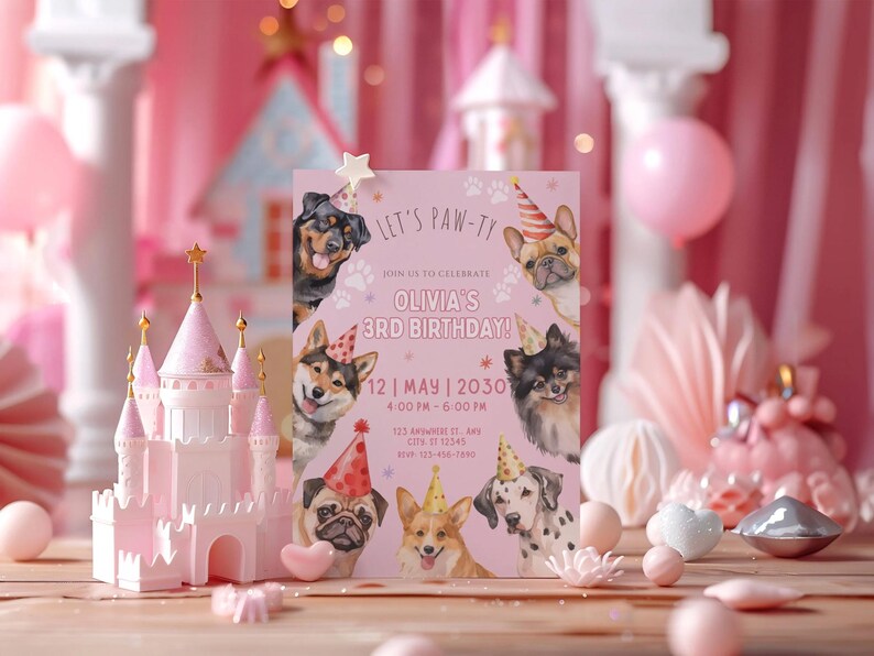 Editable Pink Girl Dog Birthday Invitation, Puppy Party Invite, Lets ...