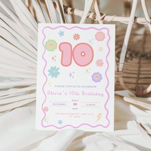 Preppy Smile Face Birthday Invite, Editable Groovy Retro Birthday, Teen Party, Tween Birthday, Any Age Disco Girl Birthday Emoji