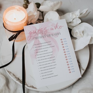 Juego de adivinar quién es mamá o papá, juego de fiesta de baby shower, juego de mamá o papá, juego de baby shower, juego de trivia quién lo dijo, coqueta, rosa