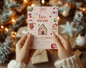 Two Sweet Birthday Party Invitation, Winter Pink Christmas Girl Birthday, Coquette Holiday Digital Invite, Pink Bow Xmas Birthday