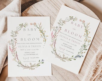 Baby in Bloom Invitation, Baby Shower Invitation, Flower Baby Shower Invitation, Wildflowers Baby Shower Invite, Editable Template