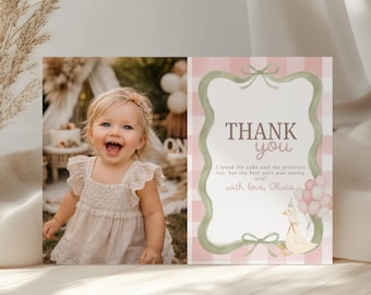 One Silly Goose Thank You Note Card, Editable Silly Little Goose Card With Photo Girls 1st Birthday Pink Bow Gingham First Party Coquette