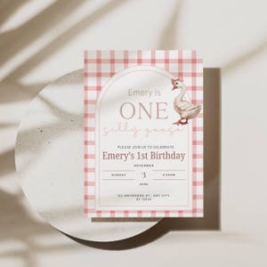 One Silly Goose Birthday Invitation, Silly Goose Invite Digital First Birthday Invitation, Pink Plaid Girls 1st Birthday, Vintage, Retro