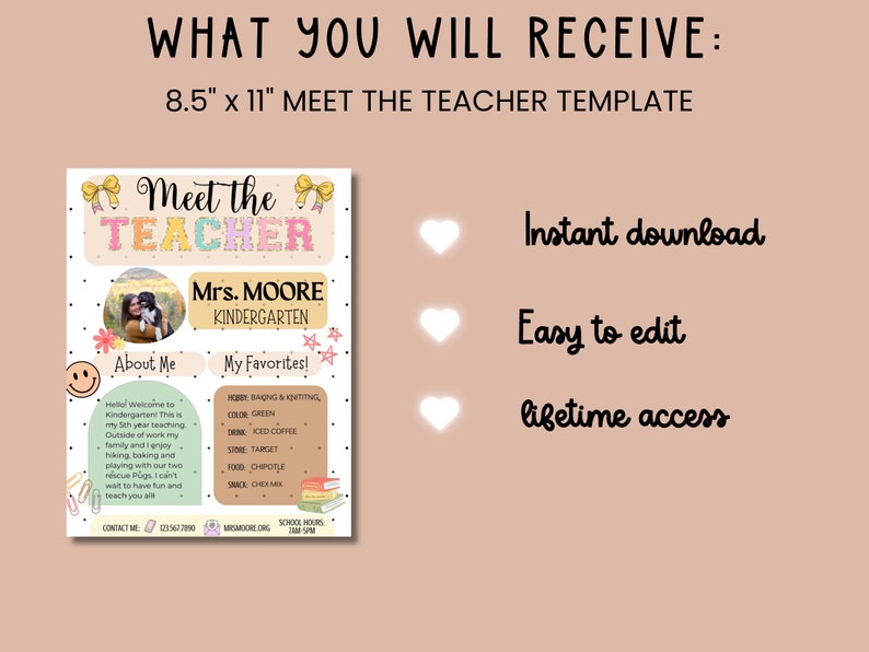 May include: A printable 8.5 x 11 inch Meet the Teacher template with a pink, green, and yellow color scheme. The template features a photo of a teacher with a dog, a section for "About Me", and a section for "My Favorites". The text "Instant download", "Easy to edit", and "Lifetime access" is displayed on the right side of the image.