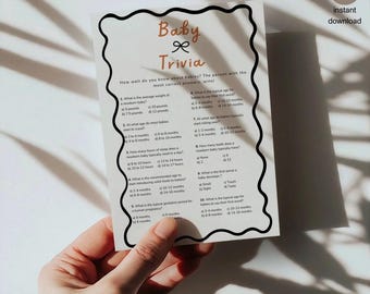 May include: A printable baby trivia game with 10 questions about babies. The questions cover topics such as average weight, age to start crawling, sleep hours, introducing solid foods, and the typical gestation period for a human pregnancy.