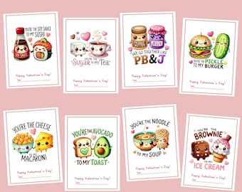 Könnte beinhalten: Acht druckbare Valentinstagskarten mit niedlichen Lebensmittel-Illustrationen und Wortspielen. Die Karten zeigen eine Sojasauceflasche und Sushi, einen Zuckerwürfel und eine Teetasse, Erdnussbutter und Marmelade, eine Gurke und einen Hamburger, Käse und Makkaroni, Avocado und Toast, Nudeln und Suppe sowie einen Brownie und Eiscreme.
