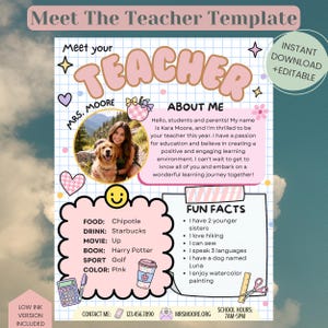 May include: A pink and white Meet the Teacher template with the text "Meet Your Teacher" and "About Me." Includes a photo, fun facts, and contact details. Instant download and editable.