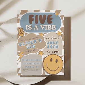 Boy Five is a Vibe Birthday Invite, 5th Birthday Invitation, Smile Face Retro Birthday, Editable, Digital Template, Instant Download