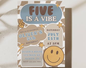 Boy Five is a Vibe Birthday Invite, 5th Birthday Invitation, Smile Face Retro Birthday, Editable, Digital Template, Instant Download