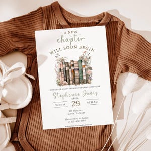 Ein neues Kapitel Babyparty Einladungsvorlage, bearbeitbar Das nächste Kapitel beginnt Babyparty einladen, geschlechtsneutrale Storybook Dusche einladen
