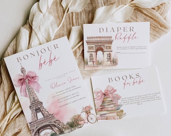 May include: A Parisian-themed baby shower invitation with a watercolor illustration of the Eiffel Tower, a pink bow, and a bicycle with flowers. The invitation text reads "Bonjour bébé" and "Please join us for a baby shower honoring Olivia James".