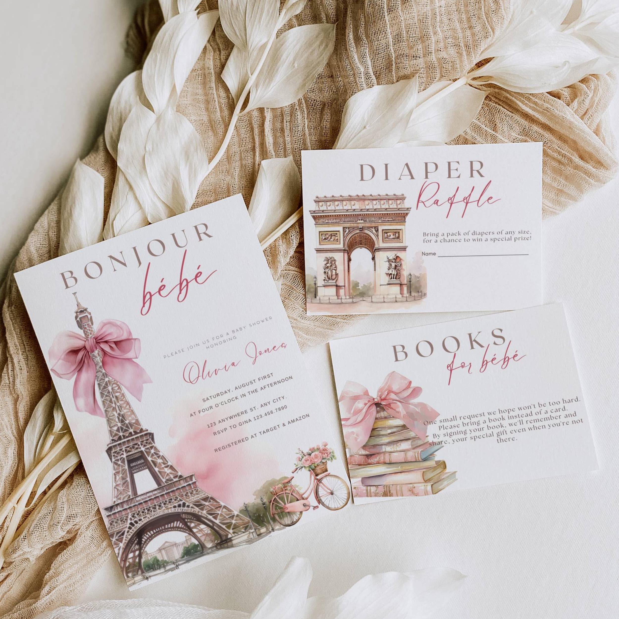 Bonjour Bebe Shower Bundle, Bonjour Bebe Babyparty Bundle, Eiffelturm, Pariser Café, Paris Babyparty, Boho, rosa Schleife, Coquette Baby