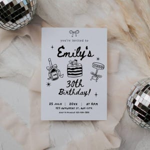 Hand-Drawn Black Bow Birthday Invitation: Any Age, DIY Template (Digital Download)
