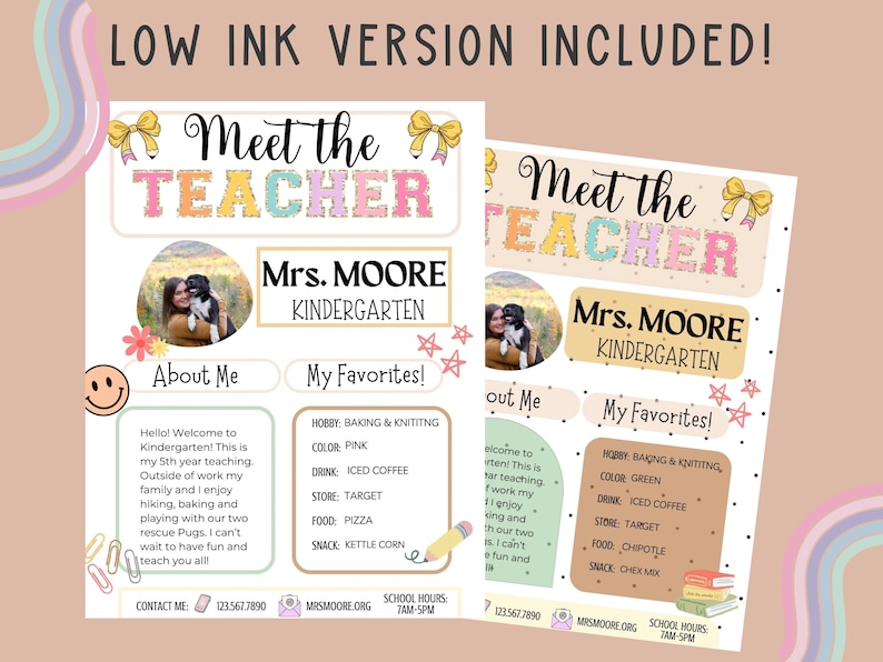 May include: A printable "Meet the Teacher" template with a pink, green, and yellow color scheme. The template features a photo of a teacher with a dog, a section for "About Me", and a section for "My Favorites!" with information about the teacher's hobbies, favorite colors, drinks, stores, food, and snacks. The template also includes contact information, a website address, and school hours.