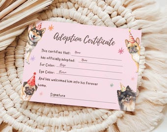 Let's Pawty Adoptionsurkunde, Welpenparty, druckbare Vorlage für Welpenadoptionszertifikate, Mädchenhundegeburtstag, Adoptionsurkunde