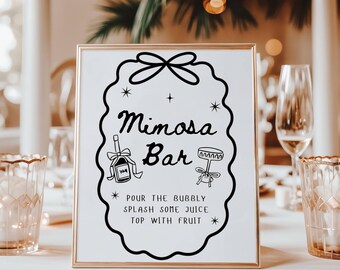 Wavy Mimosa Bar Sign, Hand Drawn Mimosa Bar Sign Printable, Bar Sign Wedding, Open Bar Sign, Bar Sign Template, Signature Cocktail Menu DIY