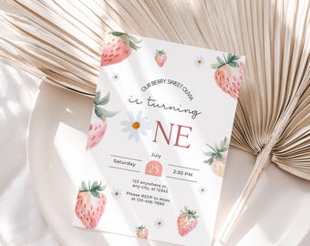 Berry Sweet First Birthday Invitation Template (Digital Download)