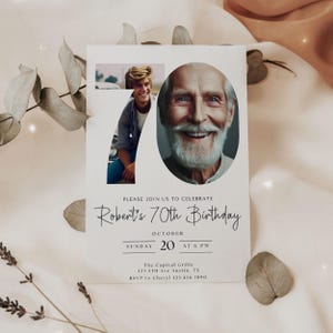写真付きで自分で編集できる 70 歳の誕生日招待状、70 歳の誕生日のお祝い、70 歳の誕生日テンプレート、ミニマリスト招待状、男性と女性の 70 歳の誕生日招待状
