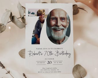 Invitación de cumpleaños número 70 autoeditable con foto, mira quién tiene 70 años, plantilla de cumpleaños número 70, invitación minimalista, invitación número 70 para hombre y mujer