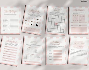 Puede incluir: Un conjunto de 10 juegos de baby shower imprimibles con fondos a cuadros rosa y blanco. Los juegos incluyen "El precio es correcto", "Adivina el animal bebé", "Bingo de baby shower", "Predicciones de bebé", "Quién es quién y conoce mejor a mamá", "Qué hay en tu bolso", "Barajear palabras para bebés" y "No digas niño o niña".