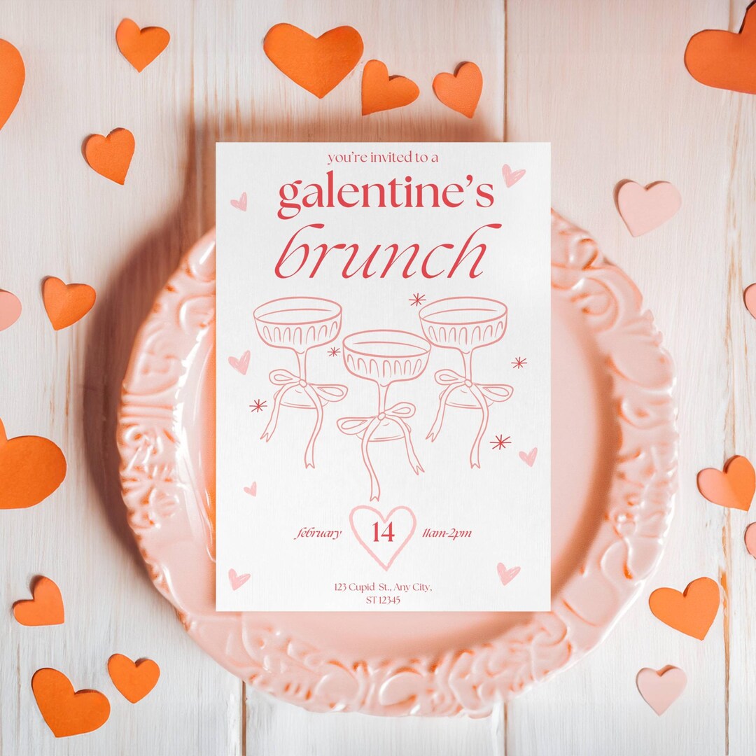 Galentine's Brunch Invitation, Pink and Red, Coquette Party (digital ...