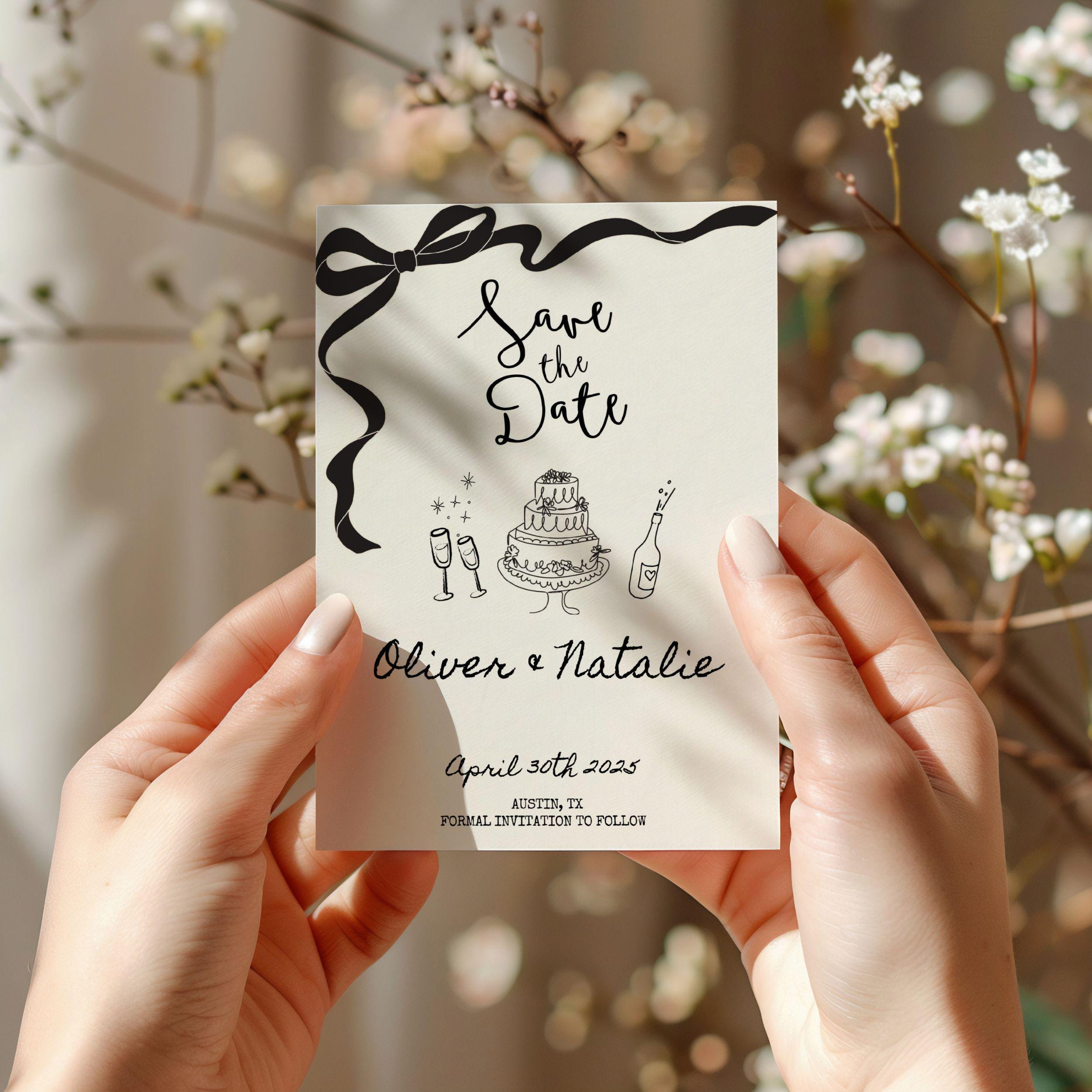 Save the Date Template, Wedding Invitation, Hand Drawn, Scribble Illustrations, Handwritten Fonts, Coquette, Editable