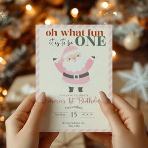 Oh What Fun Birthday Party Invitation, Pink Christmas Girl 1st Birthday, Holiday Birthday, Winter First Birthday Invitation Template