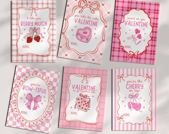 Coquette Valentine Cards for Kids, Pink Bow Valentines, Cute Classroom Valentines, Girly Valentine Cards, Printable Valentine Exchange