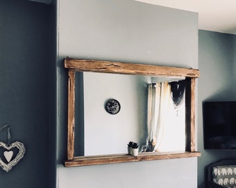 Handmade warm oak wood shelf mirror