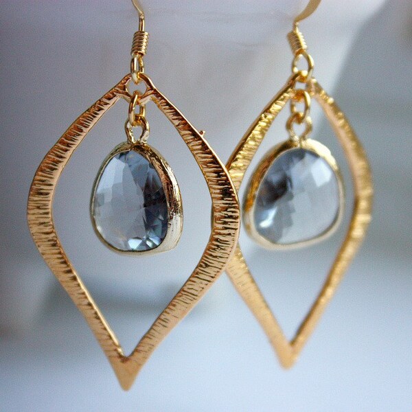 Gold Chandelier and Faceted Gray Teardrop earrings Free USA Shipping