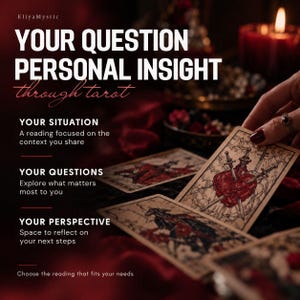 May include: A tarot card reading service advertisement featuring the text: EliyaMystic, YOUR QUESTION PERSONAL INSIGHT through tarot, YOUR SITUATION, YOUR QUESTIONS, YOUR PERSPECTIVE. The image displays tarot cards, including the Three of Swords.