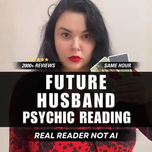 May include: A psychic reading service advertisement featuring the text FUTURE HUSBAND PSYCHIC READING, 2000+ REVIEWS, SAME HOUR, and REAL READER NOT AI. The image displays a person holding tarot cards, wearing a red patterned top with dark hair.