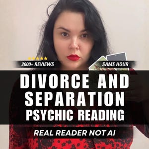 May include: A person with dark hair and red lipstick holding tarot cards. Text overlay reads: 2000+ REVIEWS, SAME HOUR, DIVORCE AND SEPARATION PSYCHIC READING, REAL READER NOT AI. The person wears a red and black patterned top.