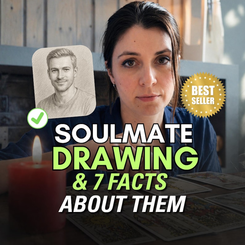 May include: A woman is the central focus of this image, with text that reads "SOULMATE DRAWING & 7 FACTS ABOUT THEM." A pencil sketch of a man is in the upper left corner. A "BEST SELLER" sticker is in the upper right corner. A lit red candle is in the foreground.