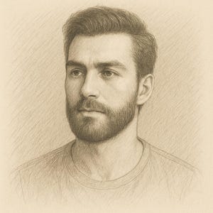 May include: Pencil sketch portrait of a man with short, dark hair and a full beard. The drawing is in shades of brown and tan, with visible pencil strokes. The man is wearing a crew neck t-shirt.