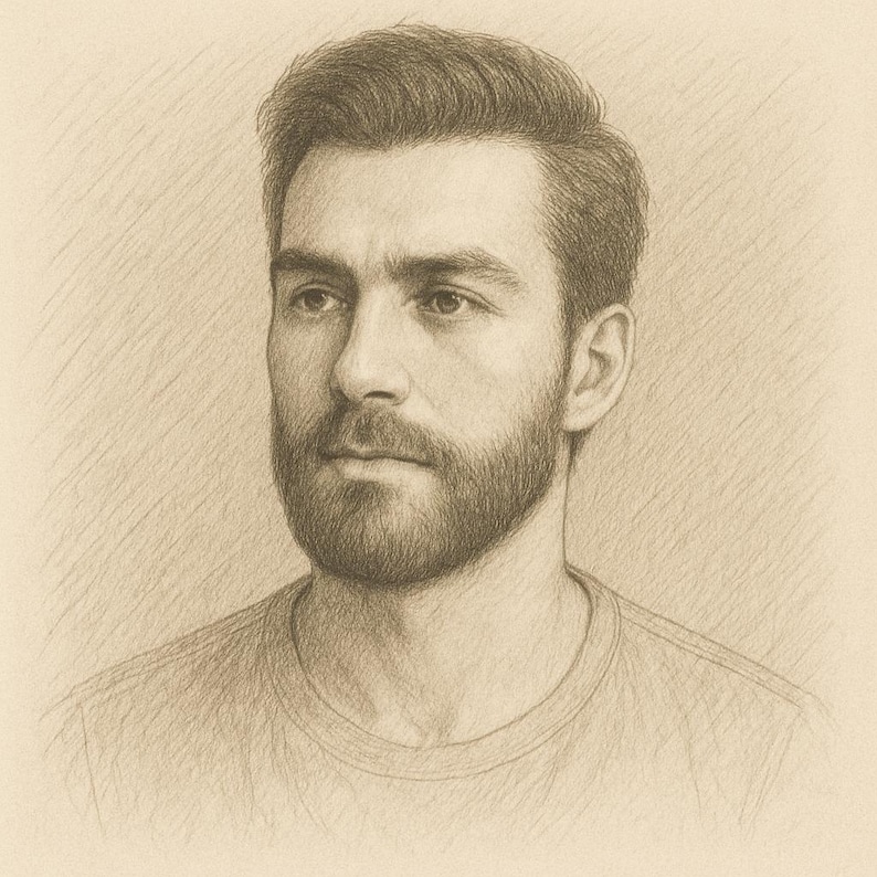 May include: Pencil sketch portrait of a man with short, dark hair and a full beard. The drawing is in shades of brown and tan, with visible pencil strokes. The man is wearing a crew neck t-shirt.
