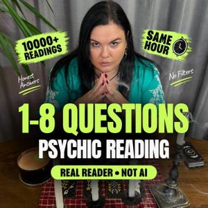 May include: A psychic reading service advertisement featuring text that reads 10000+ READINGS, SAME HOUR, 1-8 QUESTIONS PSYCHIC READING, REAL READER NOT AI, HONEST ANSWERS, and NO FILTERS. The image displays a person with dark hair wearing a teal shirt.