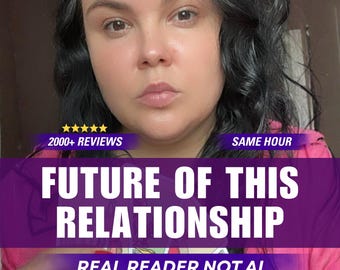 May include: A person with dark wavy hair wearing a pink top, holding a set of tarot cards. Text overlays include 2000+ REVIEWS, SAME HOUR, FUTURE OF THIS RELATIONSHIP, and REAL READER NOT AI, set against a purple background banner.