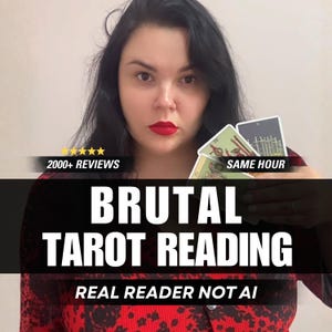 May include: A person with dark hair and red lipstick holds three tarot cards. Text overlays read 2000+ REVIEWS, SAME HOUR, BRUTAL TAROT READING, and REAL READER NOT AI. The person wears a red and black patterned top against a plain background.