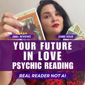May include: A set of tarot cards featuring the VI The Lovers card, held alongside text that reads 2000+ REVIEWS, SAME HOUR, YOUR FUTURE IN LOVE PSYCHIC READING, and REAL READER NOT AI. The cards display traditional illustrations with orange and green tones.